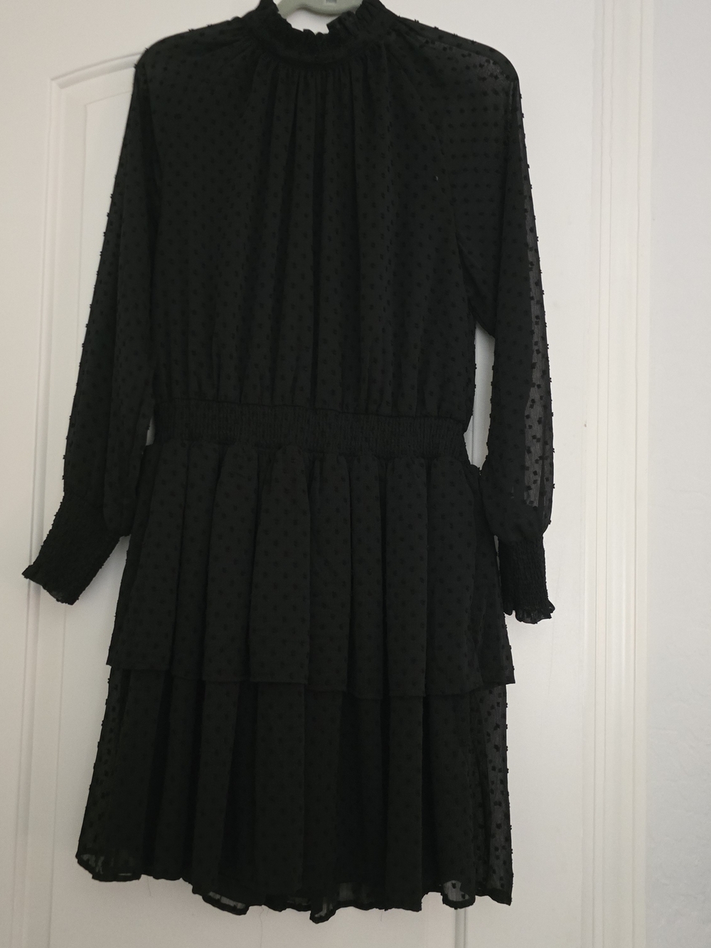 Mud Pie Black Long Sleeve Dot-Textured Tiered Dress